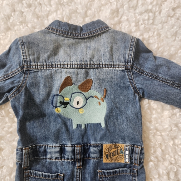 Souris Mini Denim Baby Jumpsuit 6-9M Blue Jean Overalls Romper with Dog Patch - Picture 9 of 12